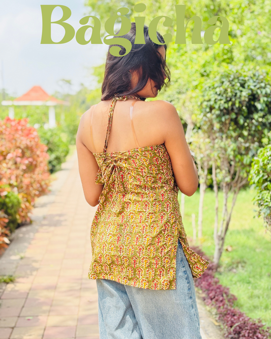 Bagicha- summer charm olive helter neck top