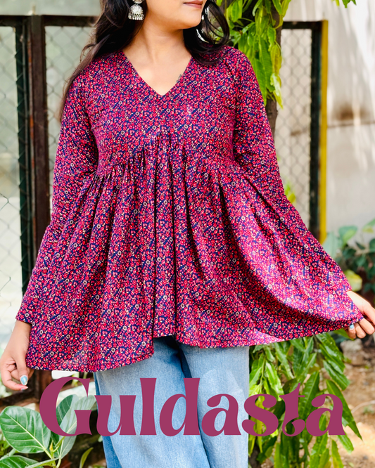 Guldasta-Pink blue bloom flare short kurti