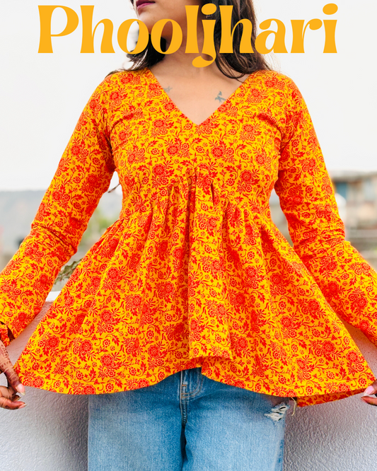 Phooljhari- Yellow bloom flare short kurti